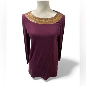 Soft Surroundings Elegant Purple and Gold Embellished Women's Top Medium